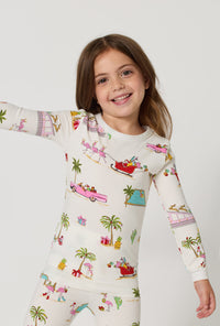 A girl wearing Festive Flamingos Long Sleeve Stretch Jersey Kids Pj Set closer look