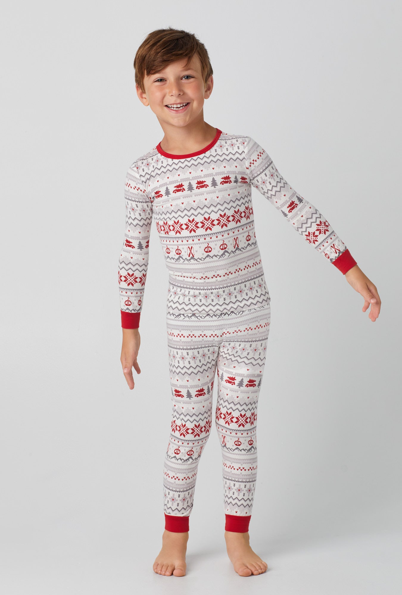 A kids wearing white  Long Sleeve Stretch Jersey Kids PJ Set with Alpine Fair print