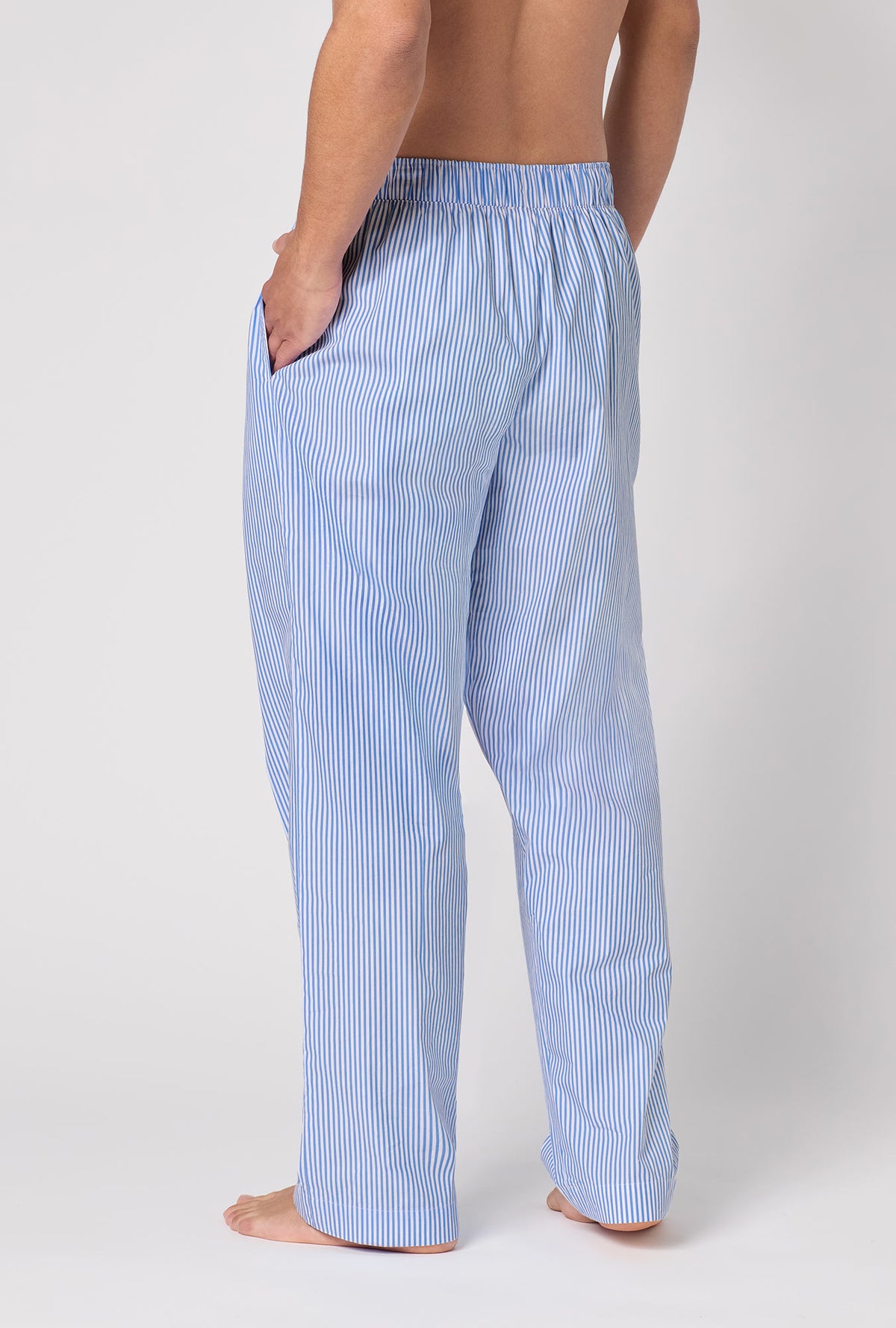 A Man Wearing French Stripe Men's Woven Supersoft Cotton Poplin Pj Pant in a back view pose