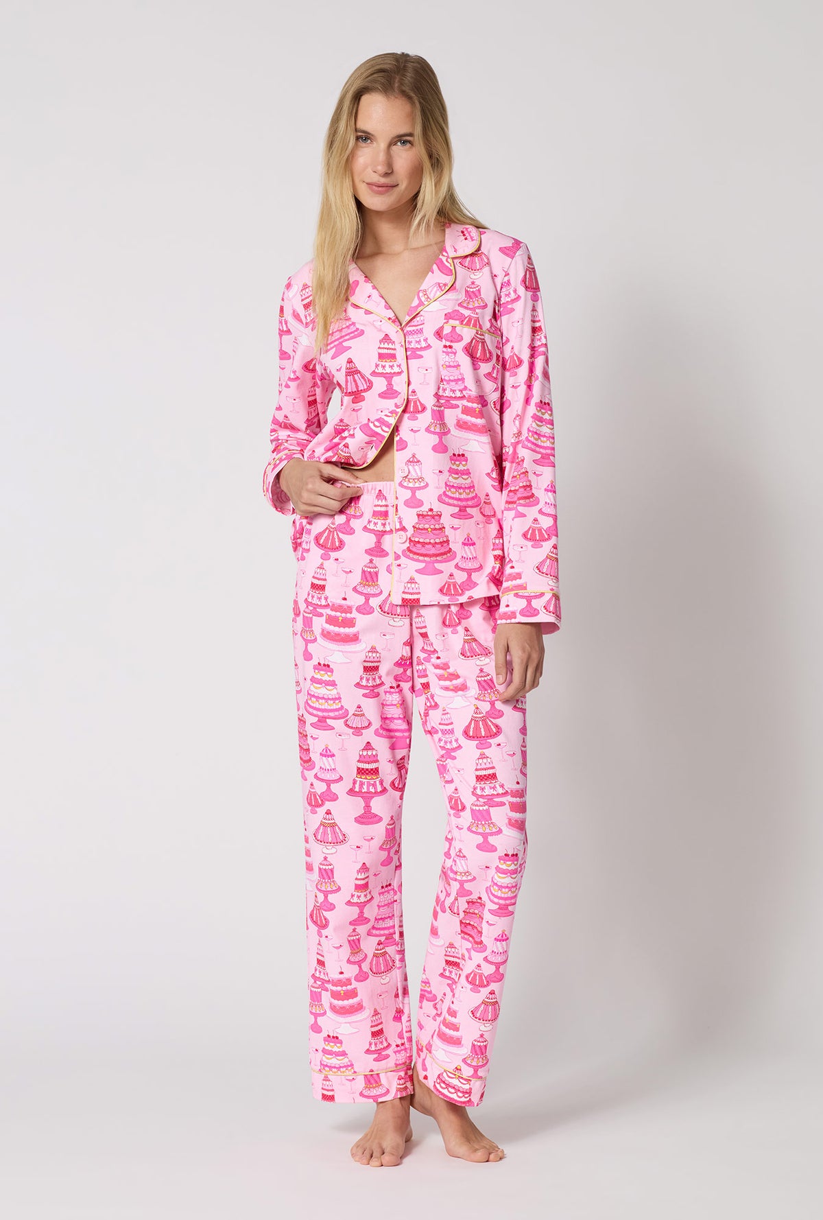 A Lady Wearing Cake Shop Long Sleeve Classic Stretch Jersey Pj Set in a front faced pose