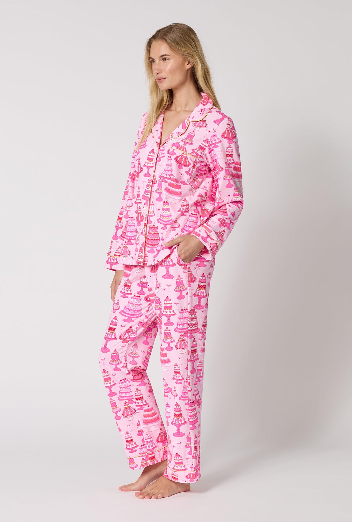 A Lady Wearing Cake Shop Long Sleeve Classic Stretch Jersey Pj Set in a side pose