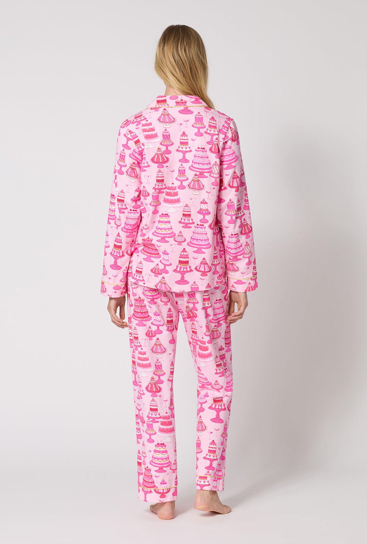 A Lady Wearing Cake Shop Long Sleeve Classic Stretch Jersey Pj Set in a back view pose