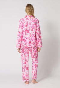 A Lady Wearing Cake Shop Long Sleeve Classic Stretch Jersey Pj Set in a back view pose