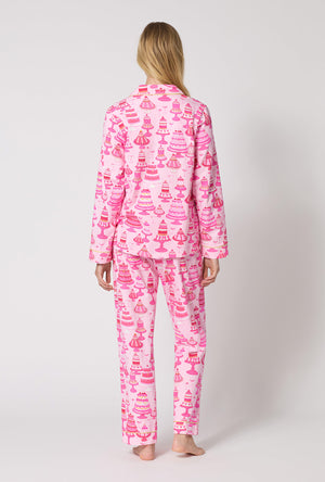 A Lady Wearing Cake Shop Long Sleeve Classic Stretch Jersey Pj Set in a back view pose