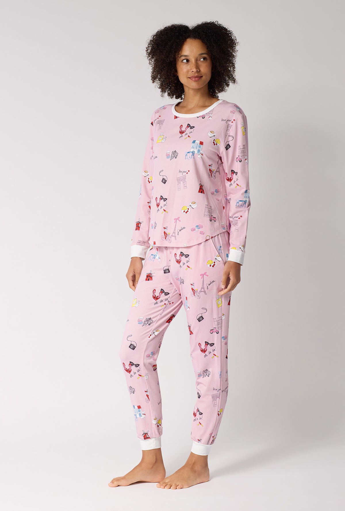 J'adore Paris Long Sleeve Pullover Crew And Jogger Stretch Jersey Pj Set