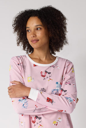 J'adore Paris Long Sleeve Pullover Crew And Jogger Stretch Jersey Pj Set