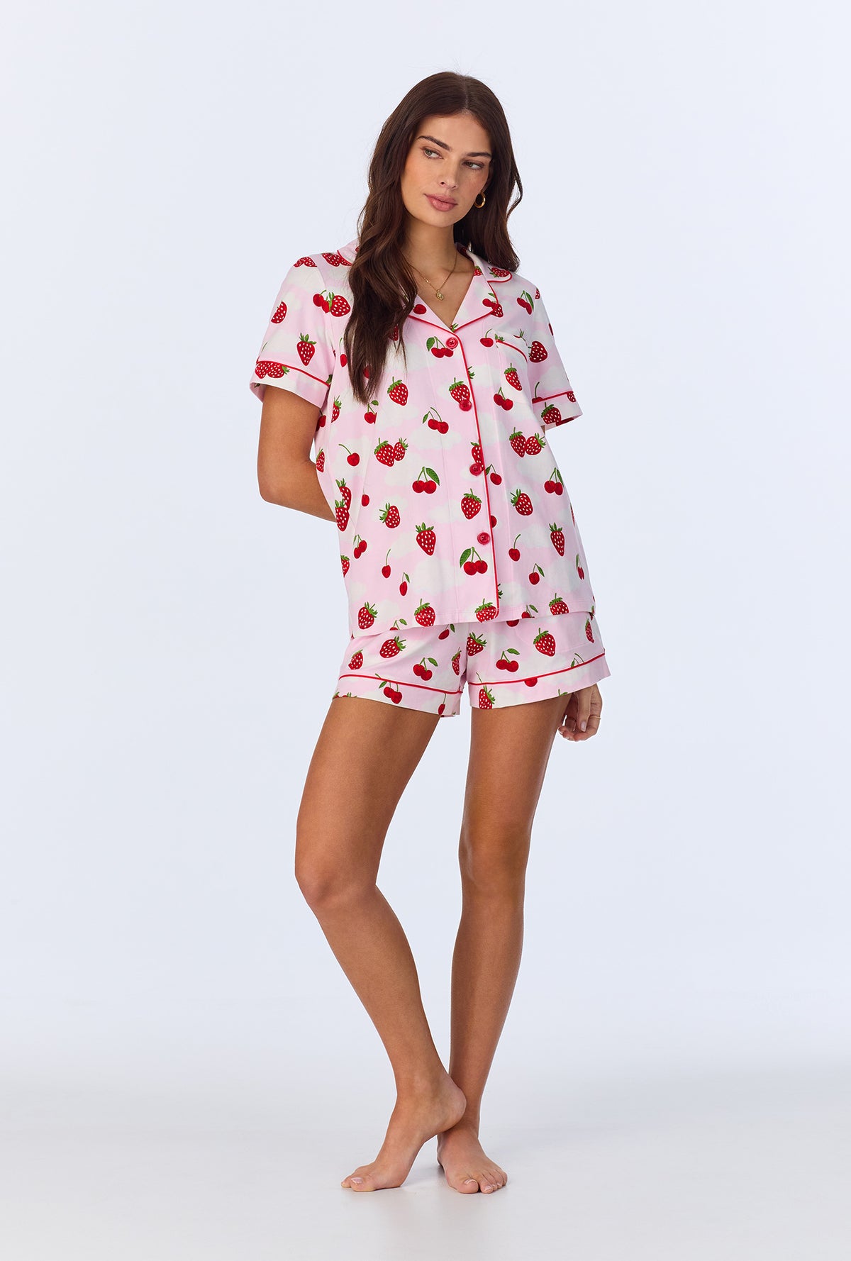 A lady wearing Berry Souffle Short Sleeve Classic Shorty Stretch Jersey PJ Set