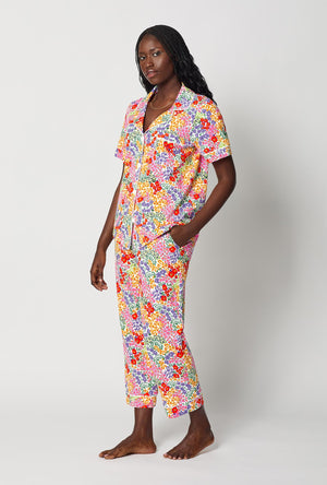 A lady wearing Spring Fields Short Sleeve Classic Stretch Jersey Cropped Pj Set