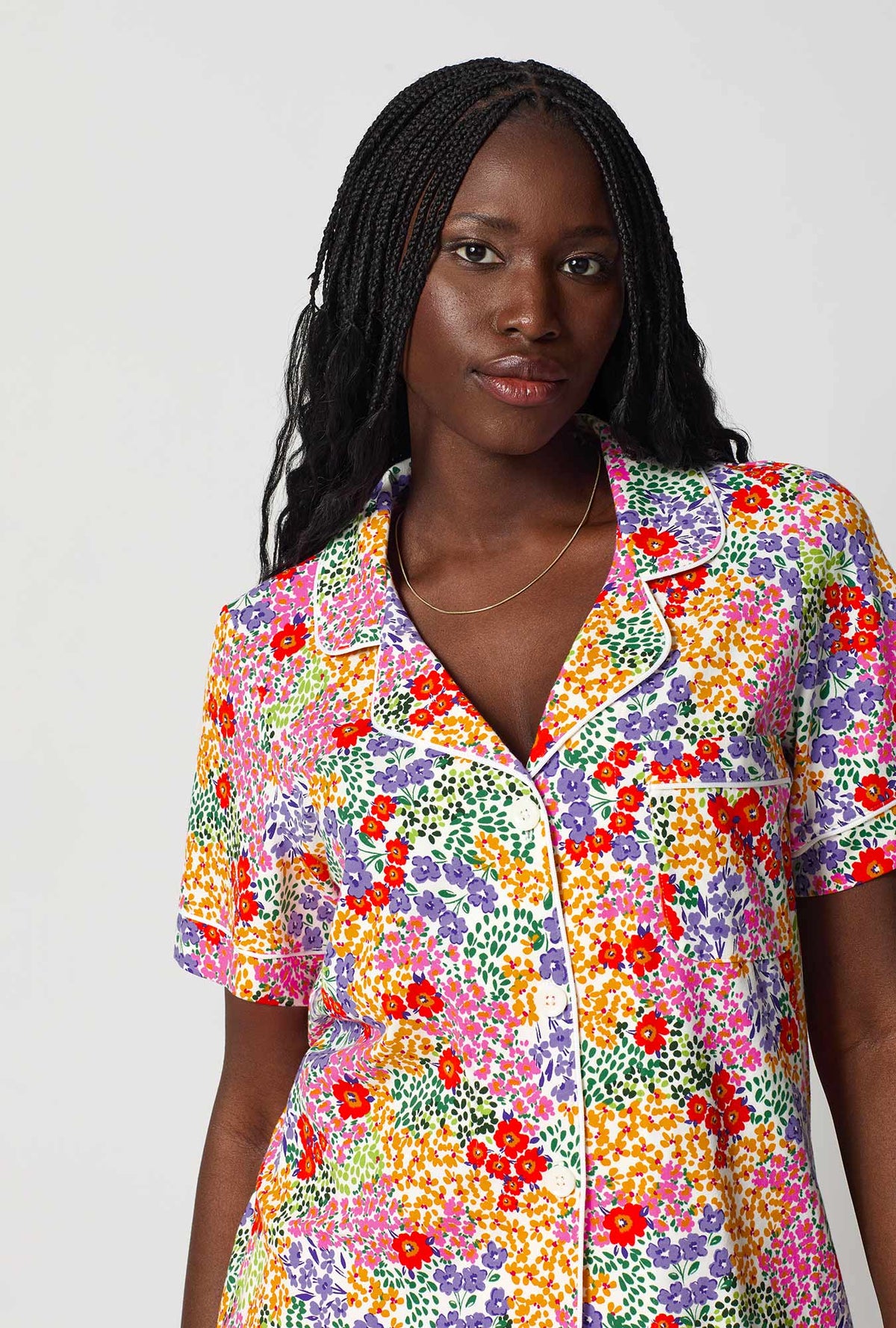 A lady wearing Spring Fields Short Sleeve Classic Stretch Jersey Cropped Pj Set