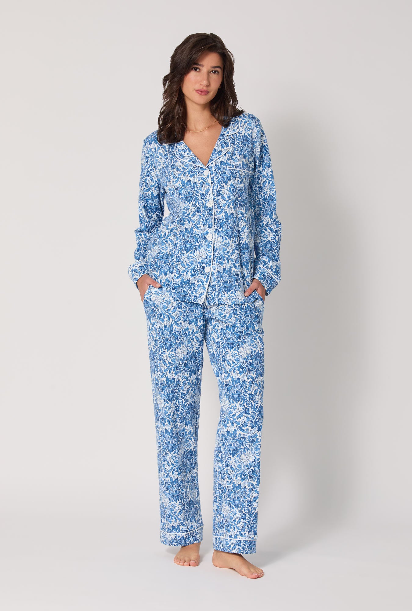 A Lady wearing Dreamy Damask Long Sleeve Classic Stretch Jersey Pj Set