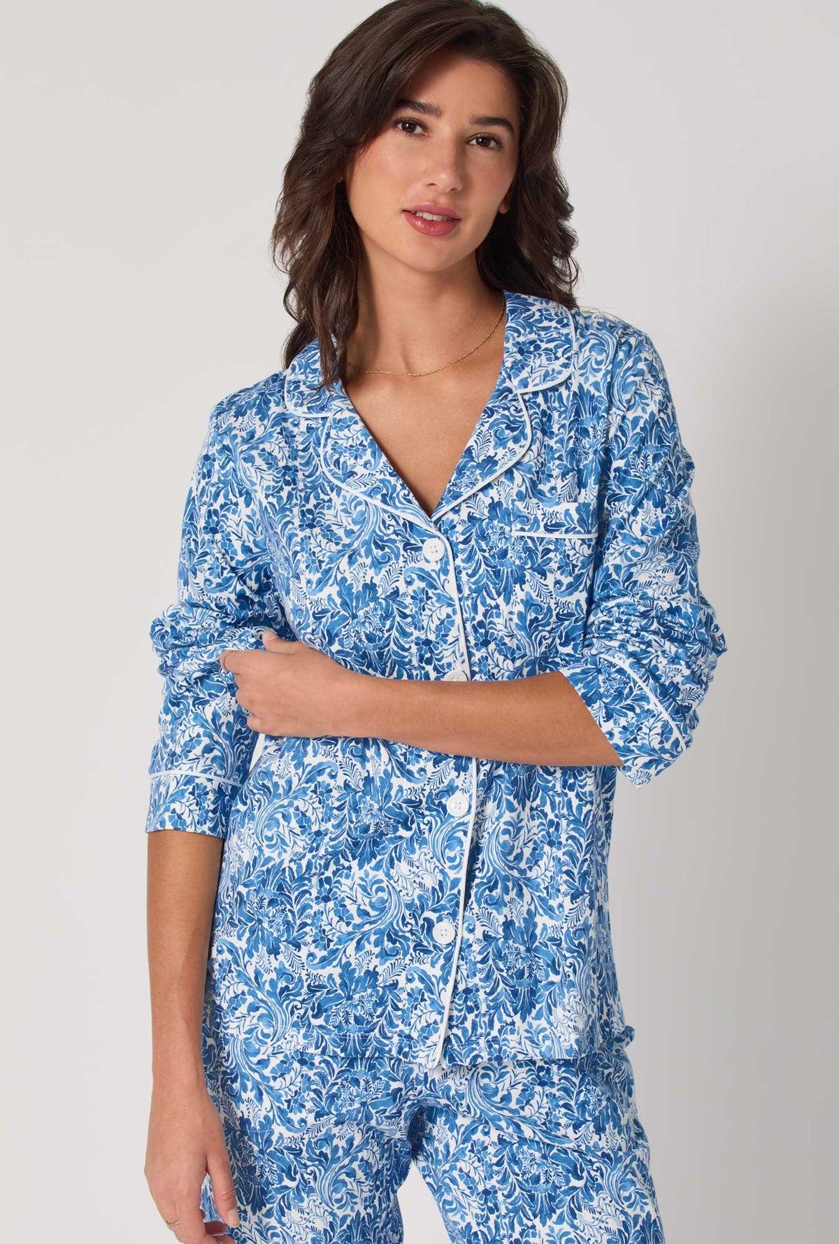 A Lady wearing Dreamy Damask Long Sleeve Classic Stretch Jersey Pj Set
