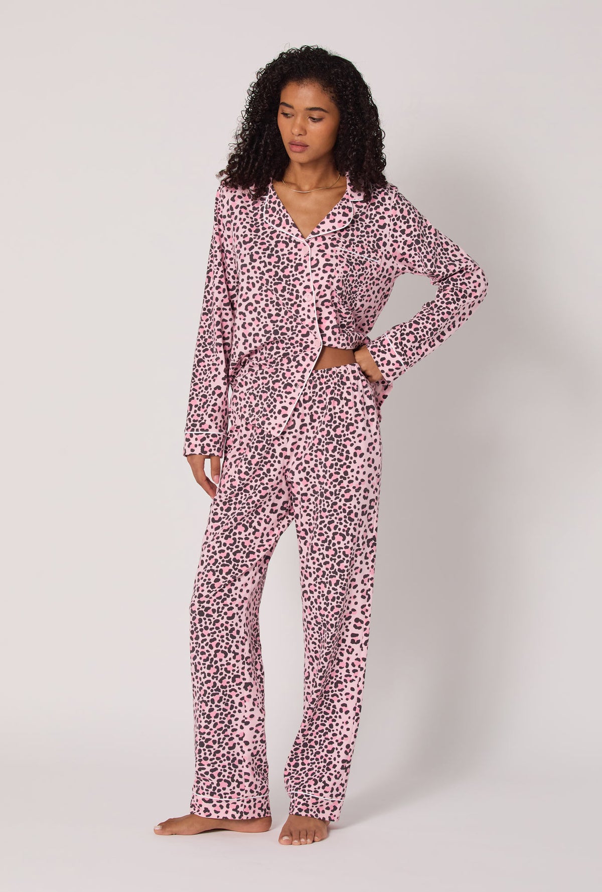 A Lady wearing Purr-fect Spots Long Sleeve Classic Stretch Jersey Pj Set