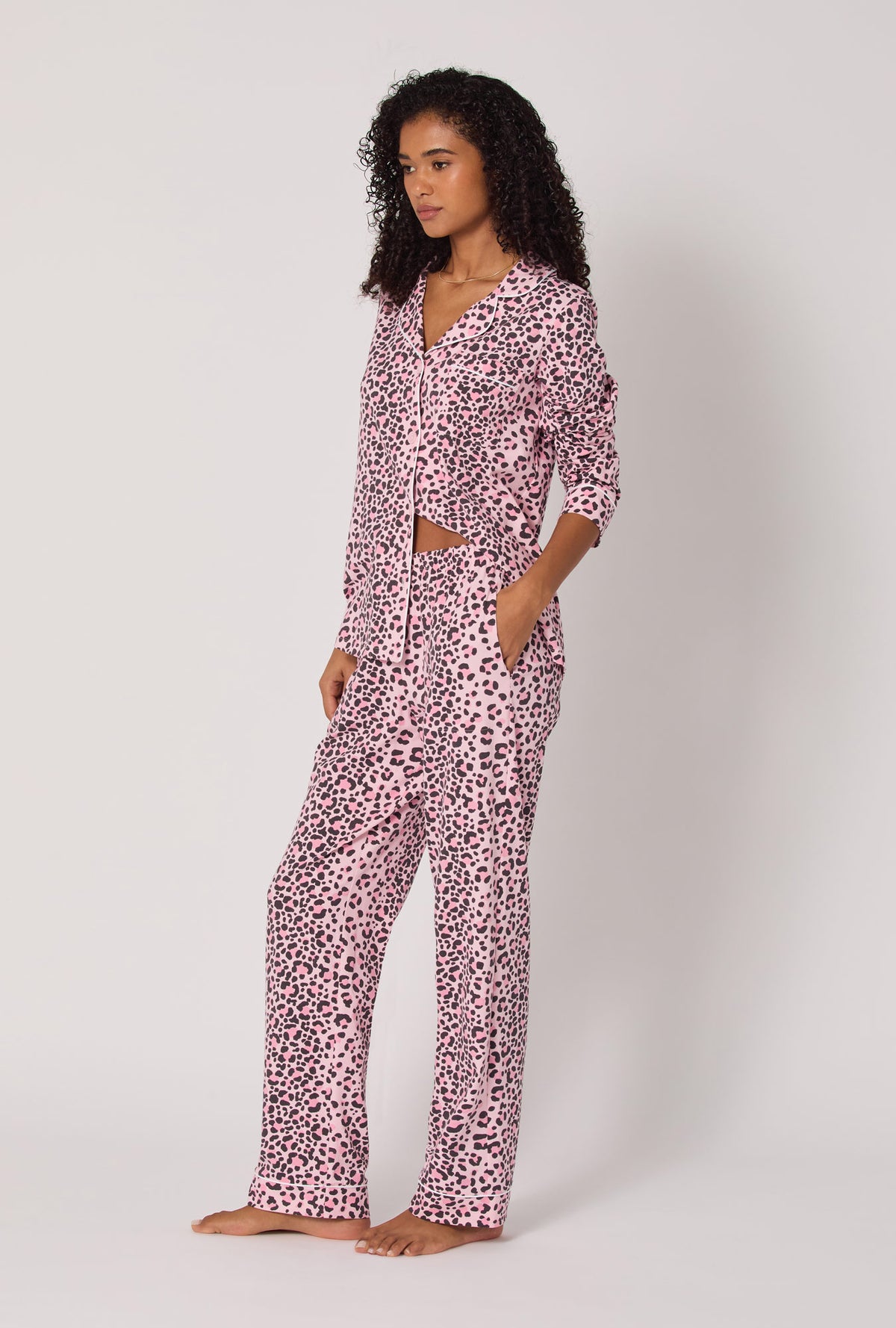 A Lady wearing Purr-fect Spots Long Sleeve Classic Stretch Jersey Pj Set