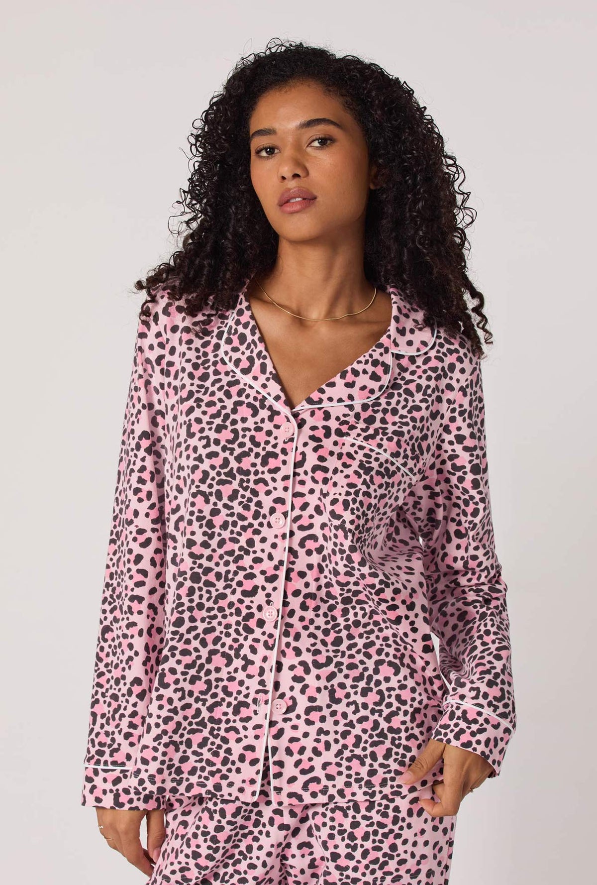 A Lady wearing Purr-fect Spots Long Sleeve Classic Stretch Jersey Pj Set