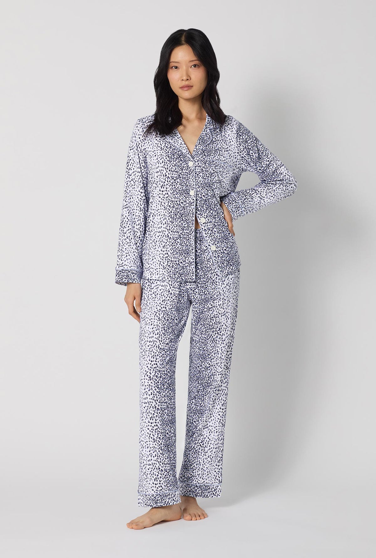 A lady wearing Sea Kitten Long Sleeve Classic Stretch Jersey Pj Set looking side
