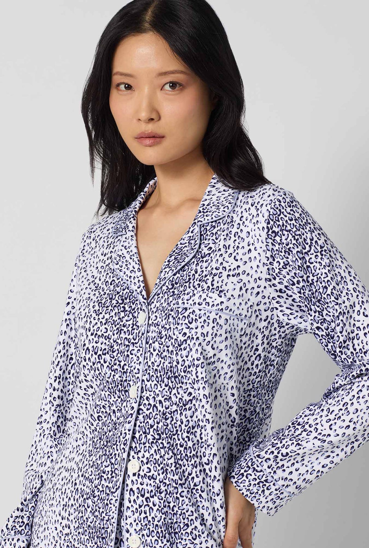 A lady wearing Sea Kitten Long Sleeve Classic Stretch Jersey Pj Set closer look