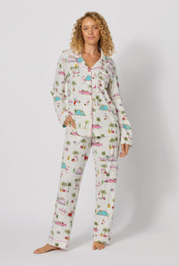 A lady wearing Festive Flamingos Long Sleeve Classic Stretch Jersey Pj Set
