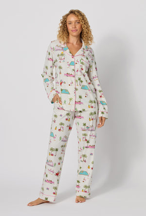 A lady wearing Festive Flamingos Long Sleeve Classic Stretch Jersey Pj Set