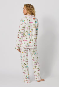 A lady wearing Festive Flamingos Long Sleeve Classic Stretch Jersey Pj Set back view