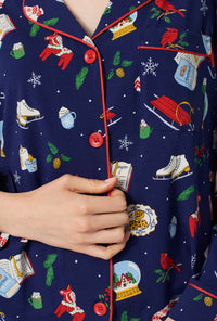 A lady wearing Nordic Nights Long Sleeve Classic Stretch Jersey Pj Set closer look