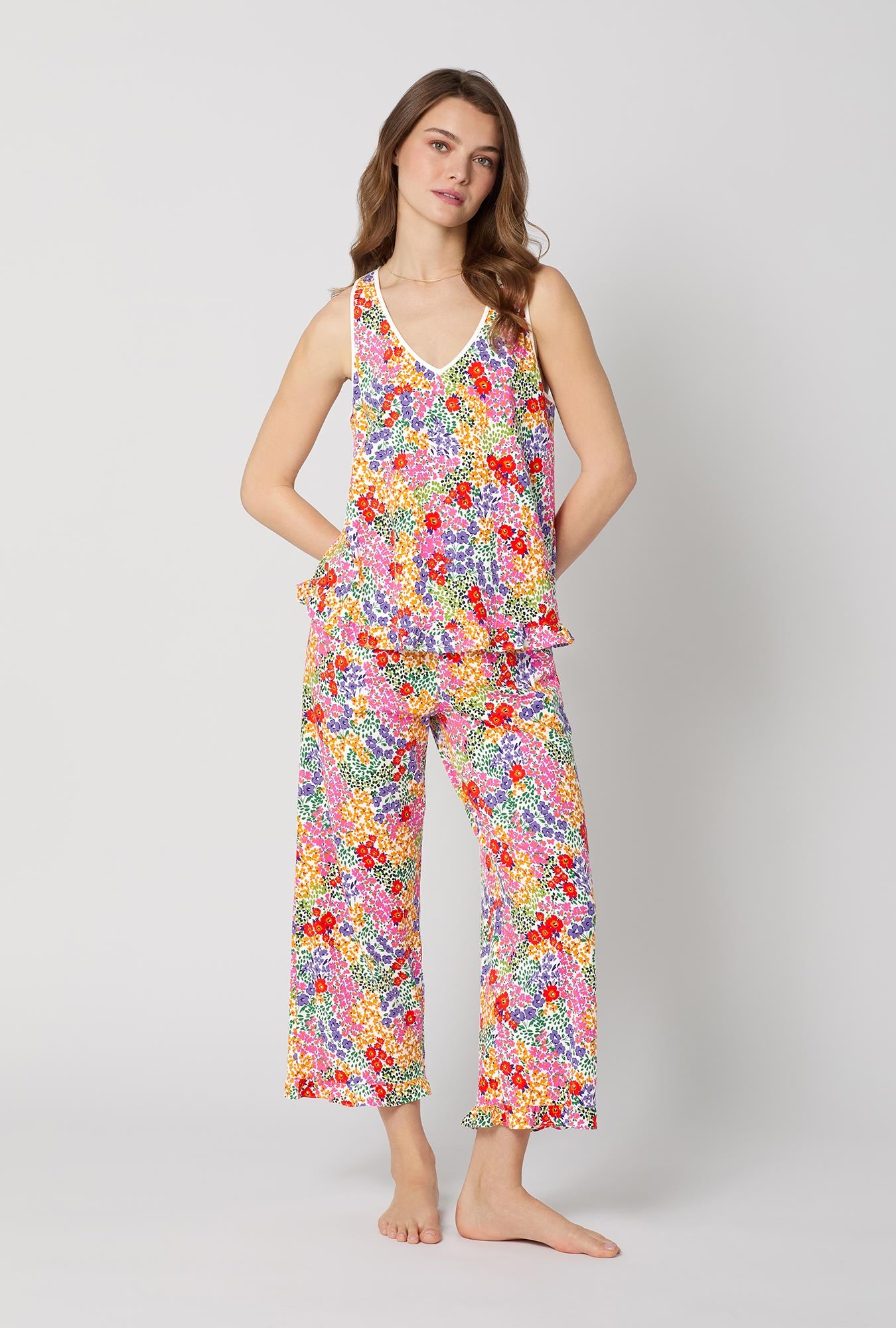 A lady wearing Spring Fields Ruffle Tank Stretch Jersey Cropped Pj Set