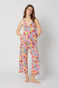 A lady wearing Spring Fields Ruffle Tank Stretch Jersey Cropped Pj Set