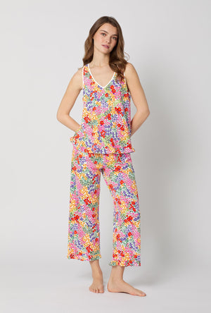 A lady wearing Spring Fields Ruffle Tank Stretch Jersey Cropped Pj Set