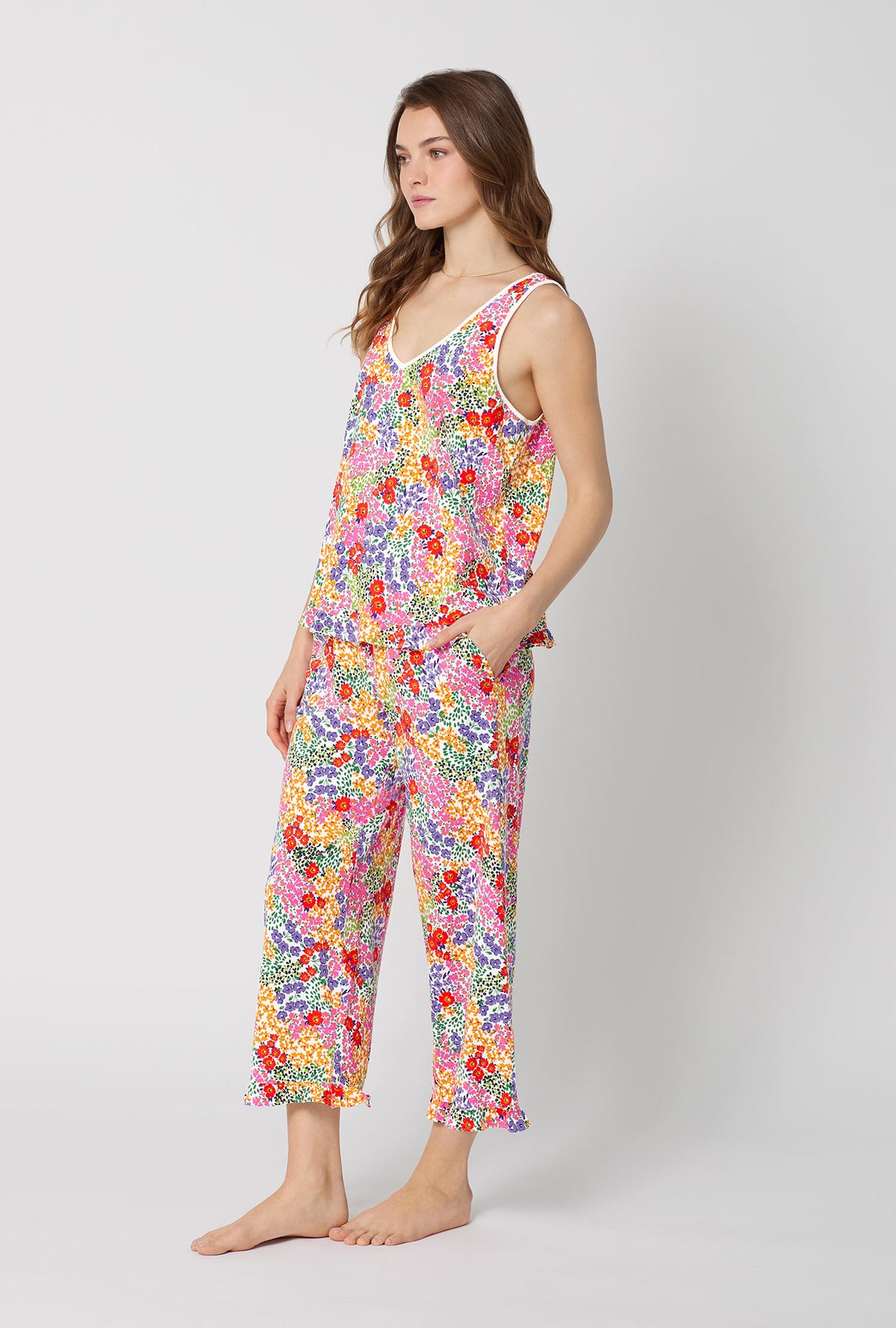 A lady wearing Spring Fields Ruffle Tank Stretch Jersey Cropped Pj Set
