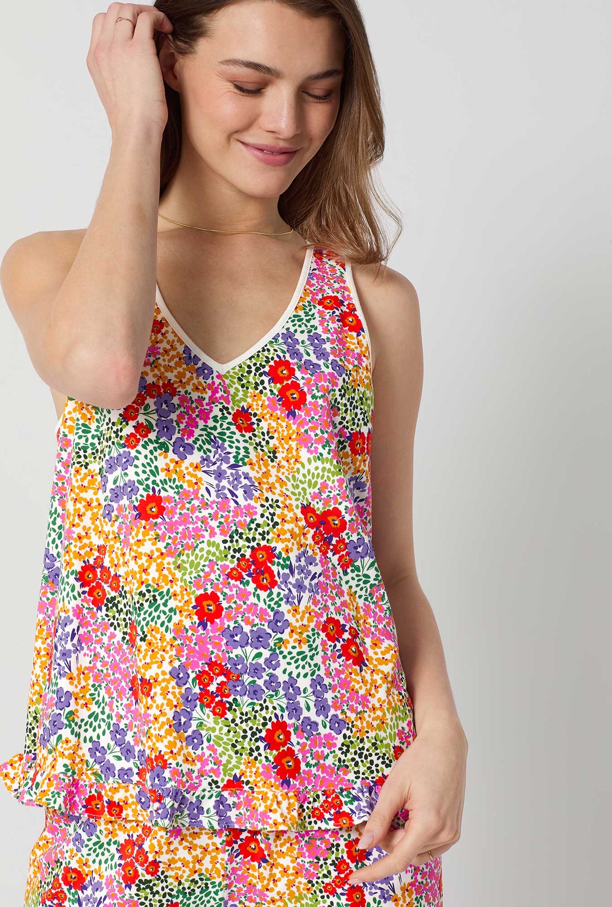 A lady wearing Spring Fields Ruffle Tank Stretch Jersey Cropped Pj Set