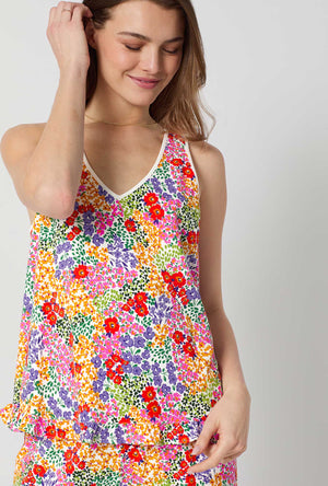 A lady wearing Spring Fields Ruffle Tank Stretch Jersey Cropped Pj Set