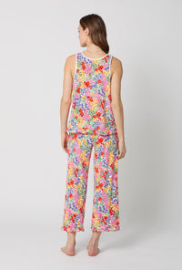 A lady wearing Spring Fields Ruffle Tank Stretch Jersey Cropped Pj Set