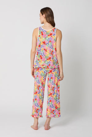 A lady wearing Spring Fields Ruffle Tank Stretch Jersey Cropped Pj Set