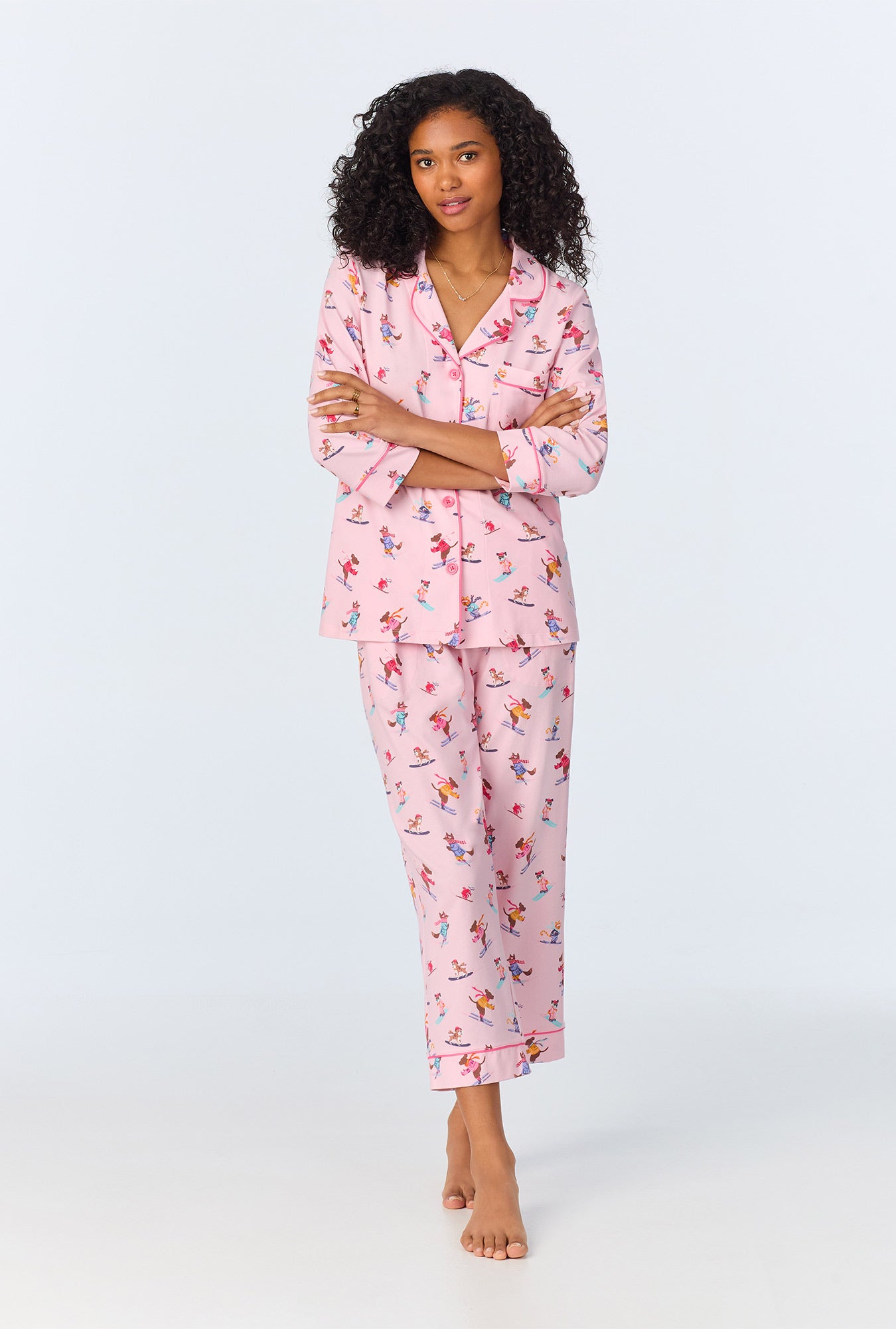 A lady wearing Ski Season 3/4 Sleeve Classic Stretch Jersey Cropped PJ Set