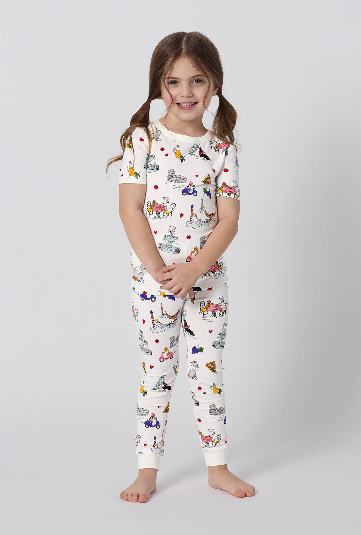 A girl wearing White Short Sleeve Stretch Jersey Kids Pj Set front view