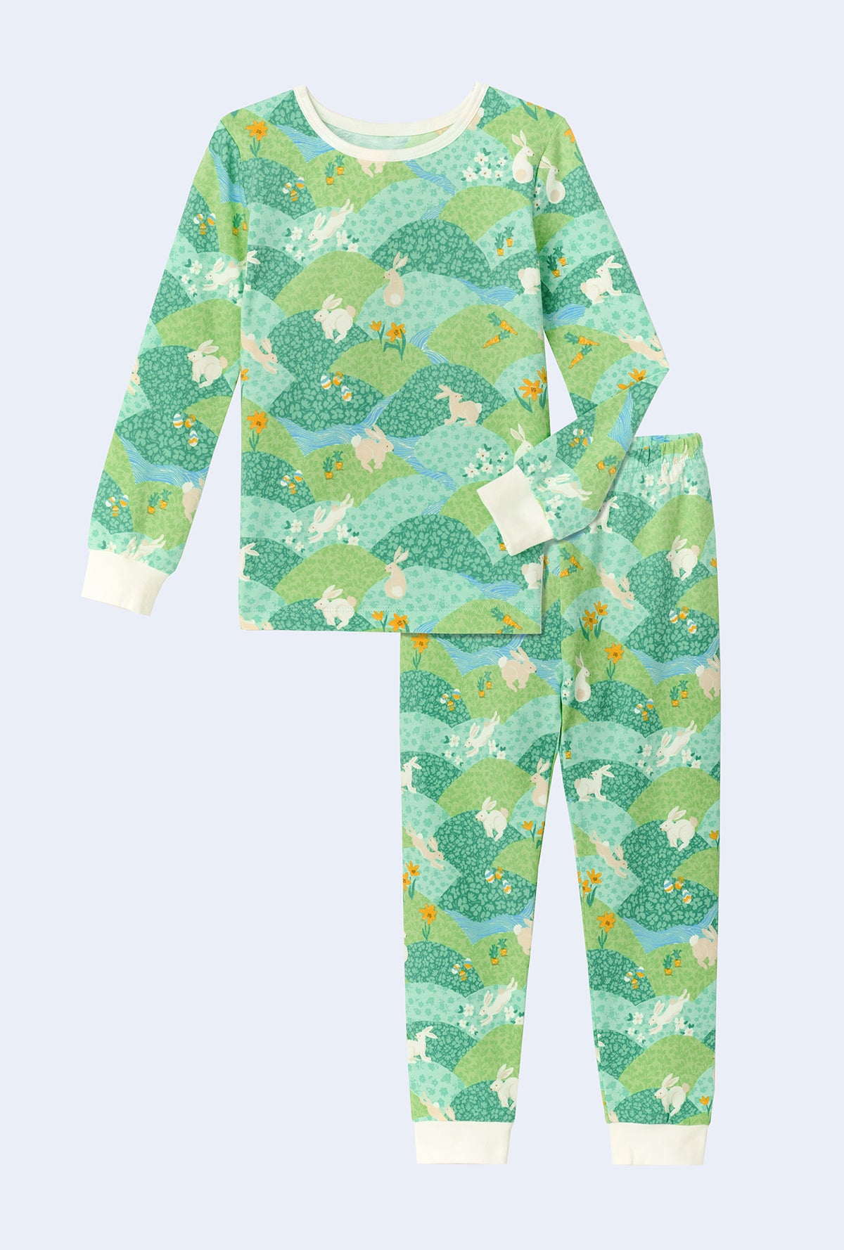 A boy wearing Hop To It Long Sleeve Stretch Jersey Kids PJ Set