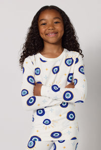Eyeconic Long Sleeve Stretch Jersey Kids Pj Set in a close up view pose