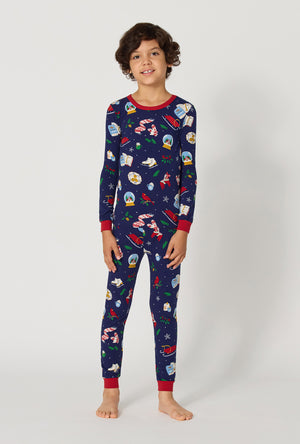 A boy wearing Nordic Nights Long Sleeve Stretch Jersey Kids Pj Set