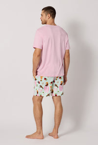 A man wearing Green and  Pink Men's Short Sleeve Henley Stretch Jersey Short Pj Set back view