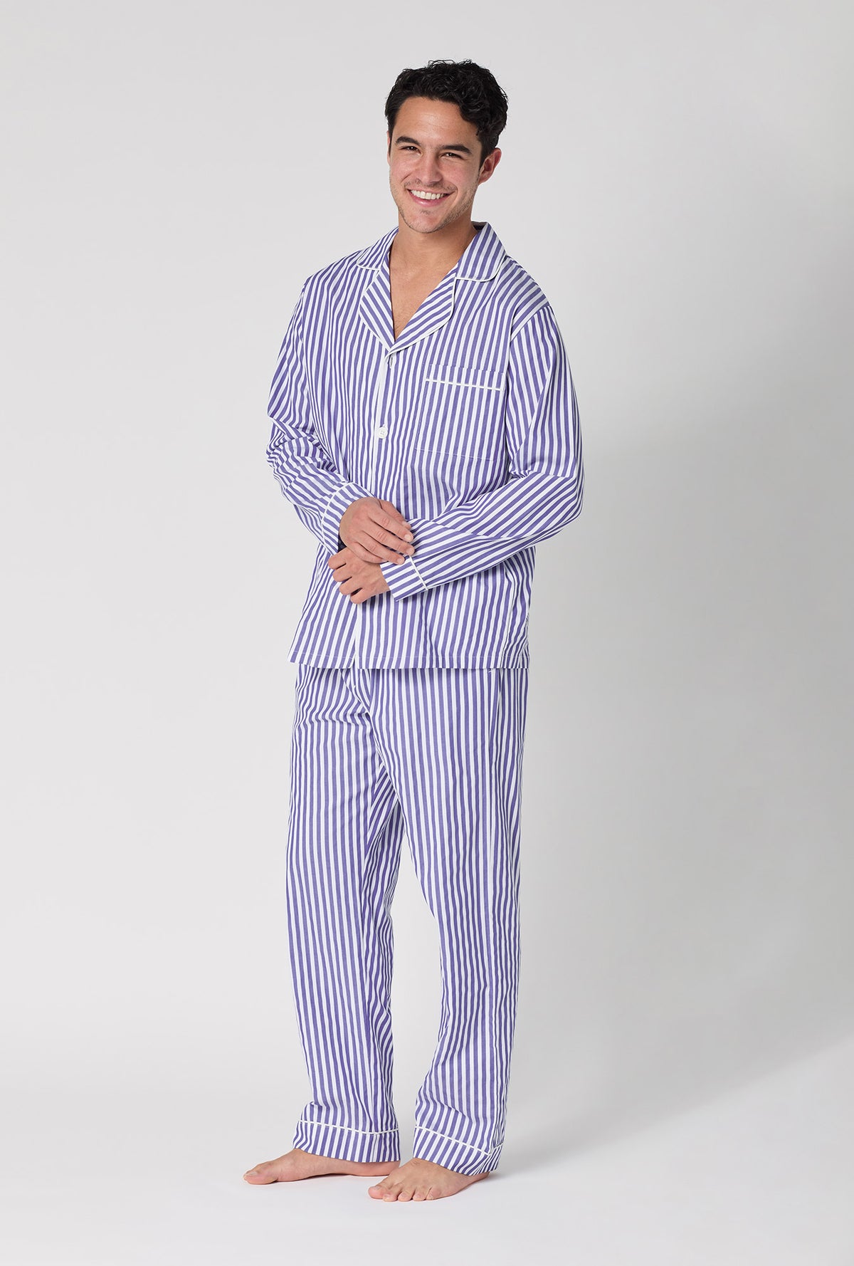 Navy 3D Stripe Men's Long Sleeve Notch Woven Cotton Sateen Long PJ Set