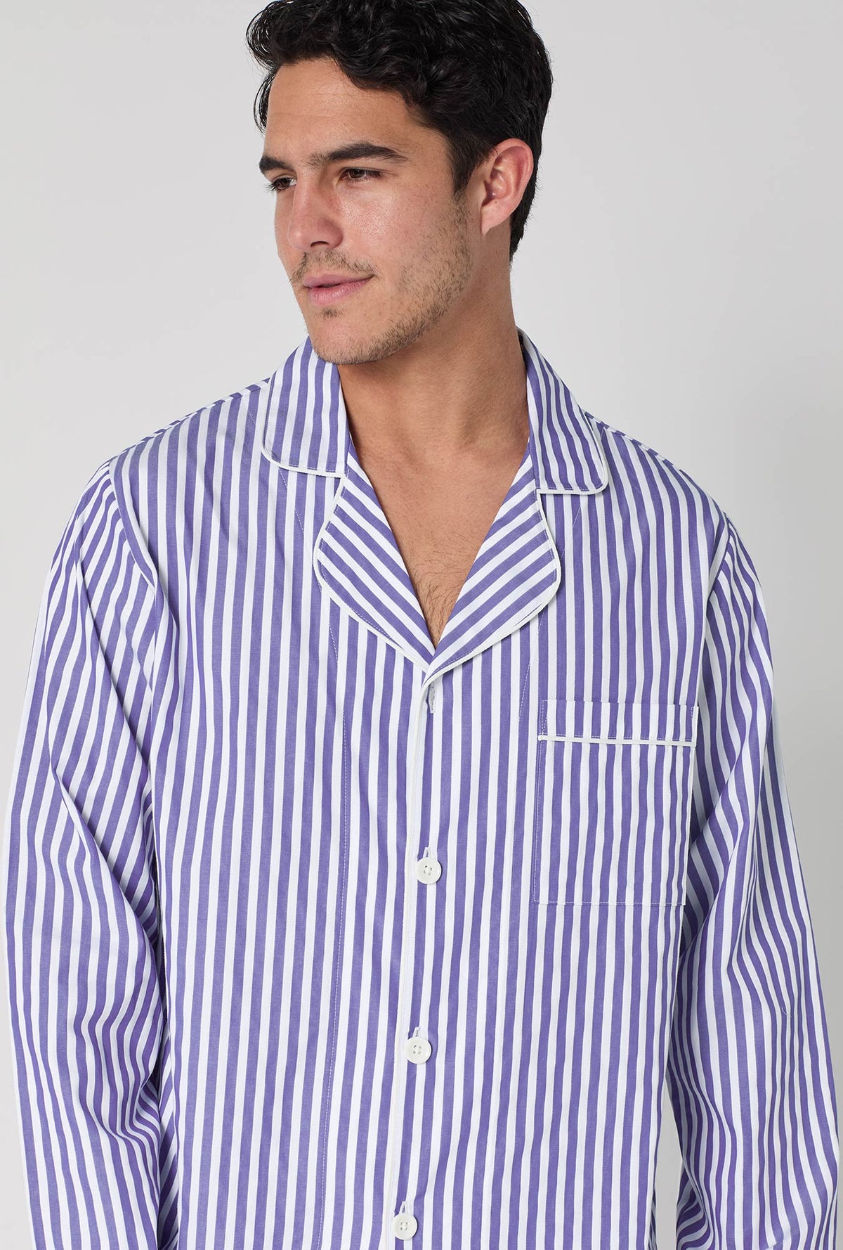Navy 3D Stripe Men's Long Sleeve Notch Woven Cotton Sateen Long PJ Set
