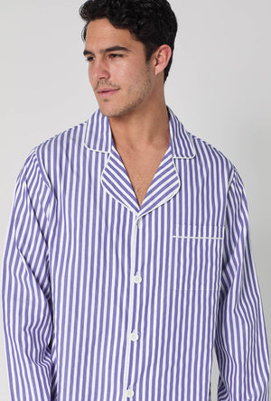 Navy 3D Stripe Men's Long Sleeve Notch Woven Cotton Sateen Long PJ Set
