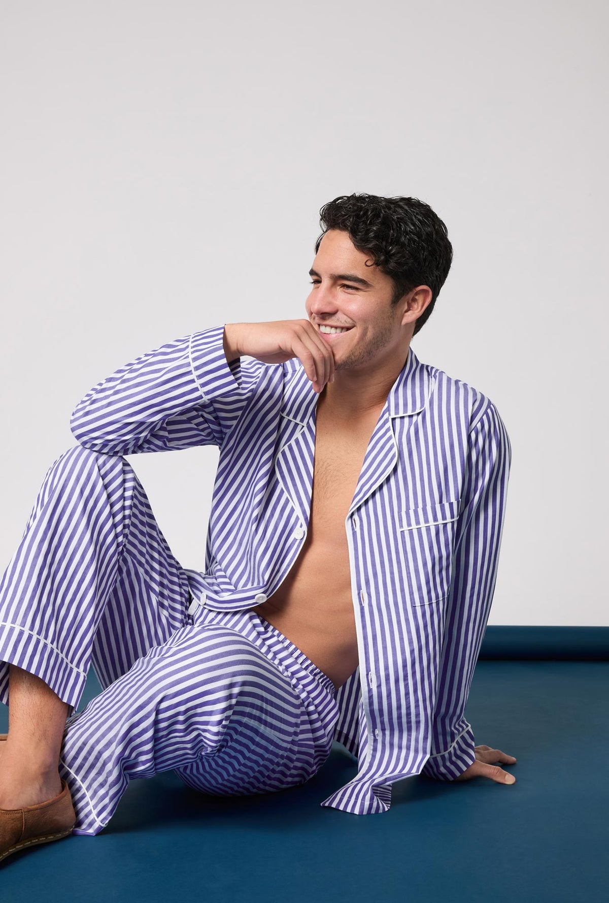 Navy 3D Stripe Men's Long Sleeve Notch Woven Cotton Sateen Long PJ Set