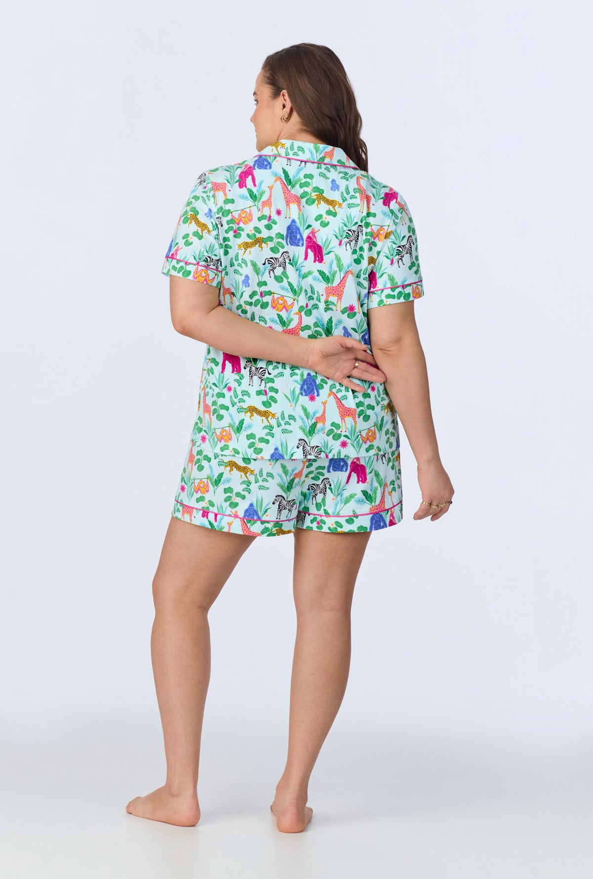 A lady wearing Addo&#39;s Birthday Bash Short Sleeve Classic Shorty Stretch Jersey PJ Set