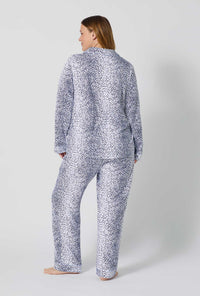 A lady wearing plus size Sea Kitten Long Sleeve Classic Stretch Jersey Pj Set back view
