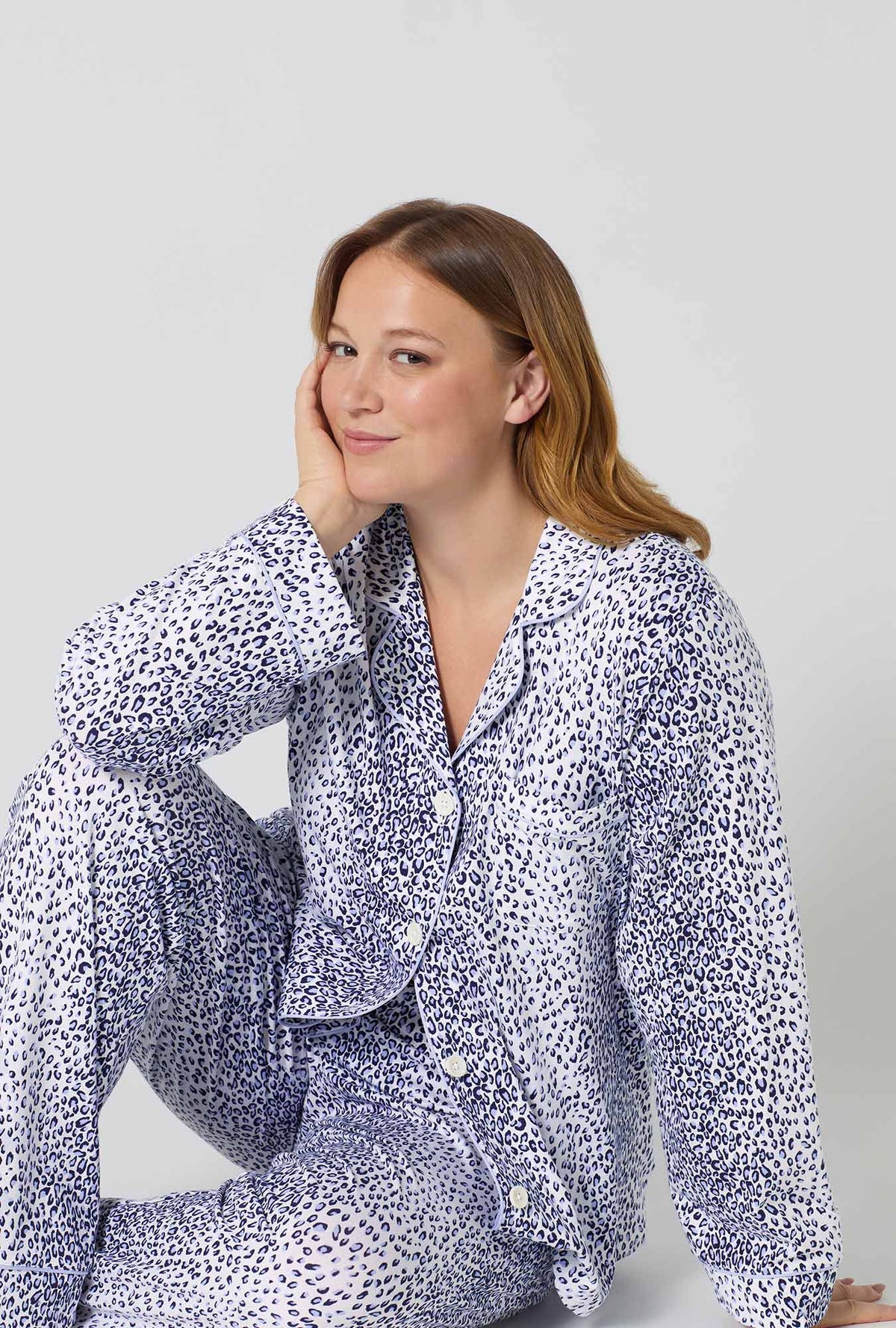A lady wearing plus size Sea Kitten Long Sleeve Classic Stretch Jersey Pj Set closer lok