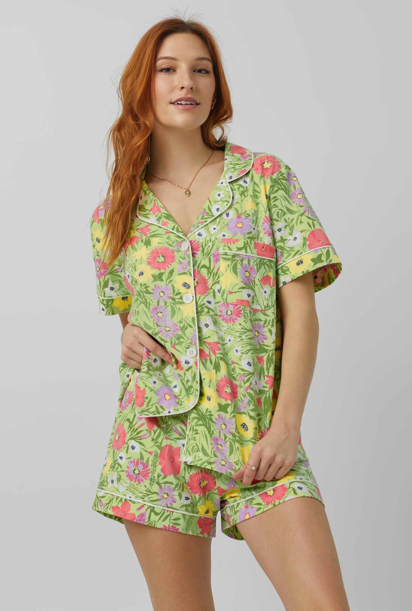 A lady wearing Short Sleeve Classic Shorty Stretch Jersey PJ Set with whispering meadow print