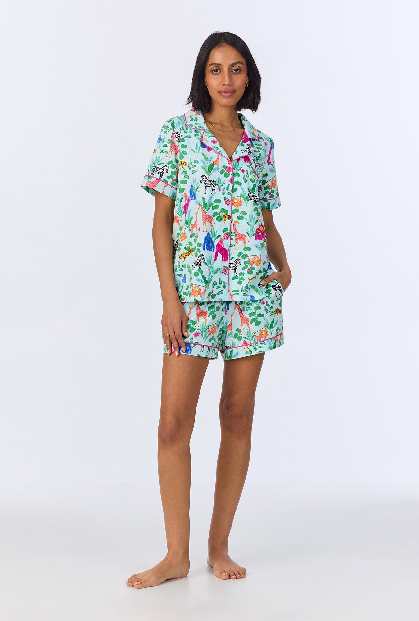 A lady wearing Addo's Birthday Bash Short Sleeve Classic Shorty Stretch Jersey PJ Set