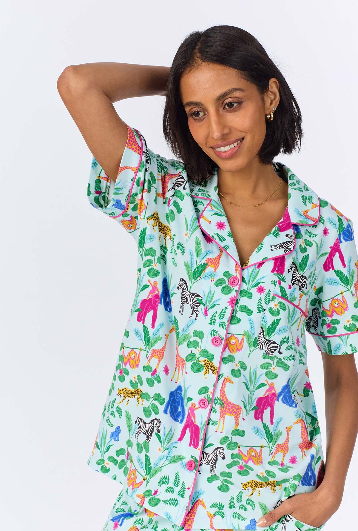 A lady wearing Addo&#39;s Birthday Bash Short Sleeve Classic Shorty Stretch Jersey PJ Set