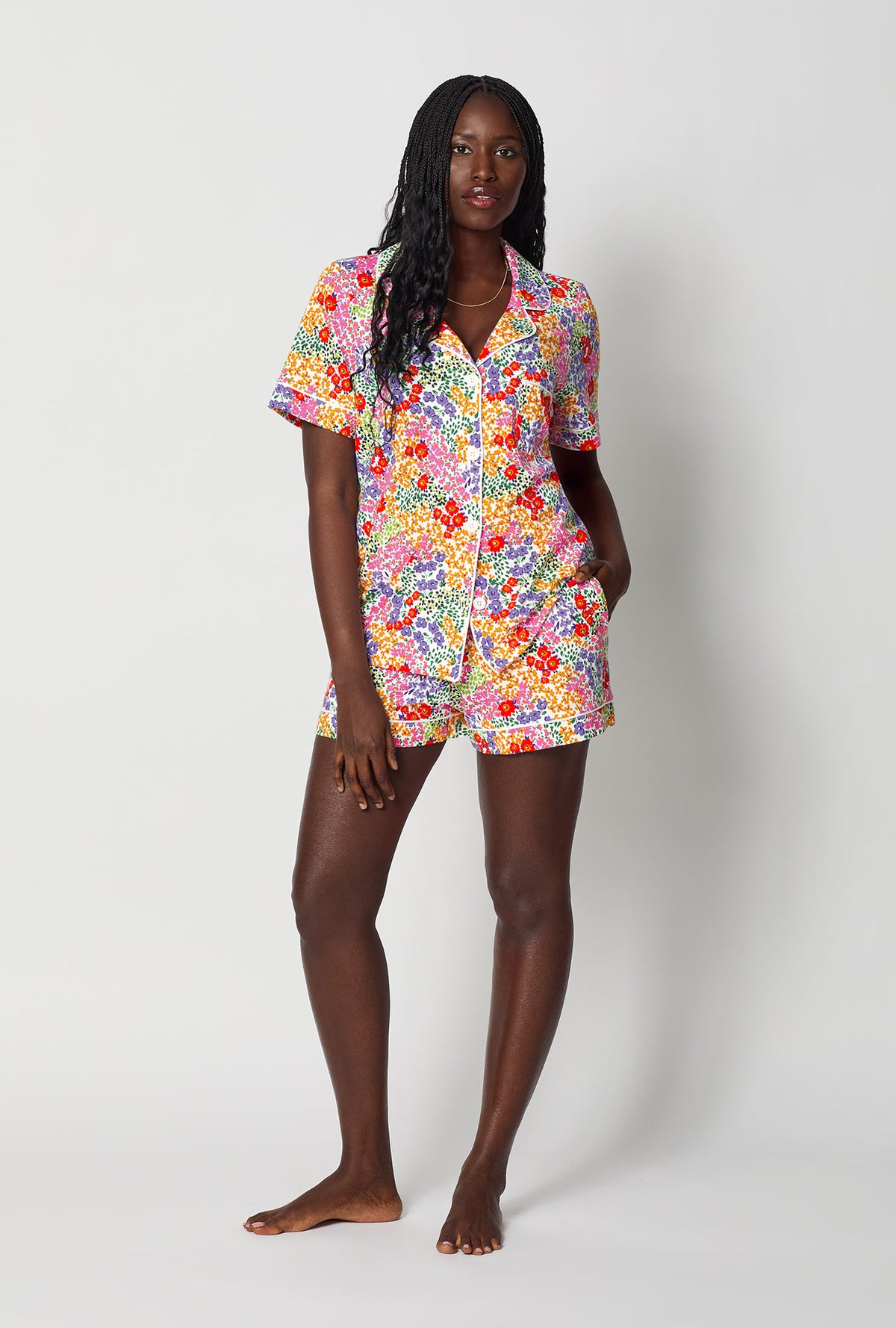 A lady wearing Spring Fields Short Sleeve Classic Shorty Stretch Jersey Pj Set