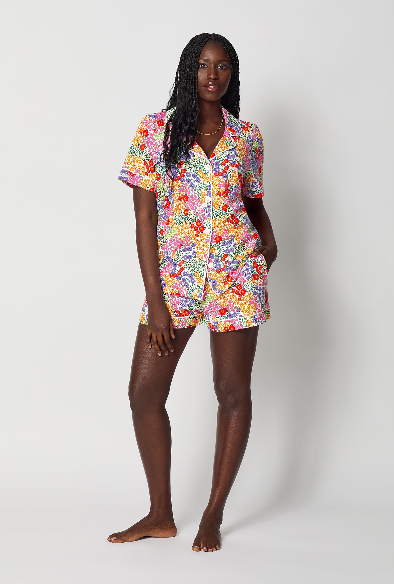 A lady wearing Spring Fields Short Sleeve Classic Shorty Stretch Jersey Pj Set